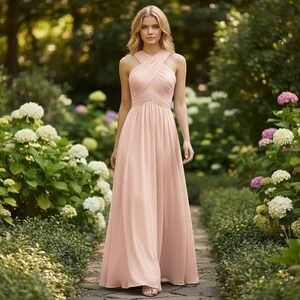 Soft Peach Chiffon Dress 16 Padded Lined Corset Halter Prom Formal Wedding NWT